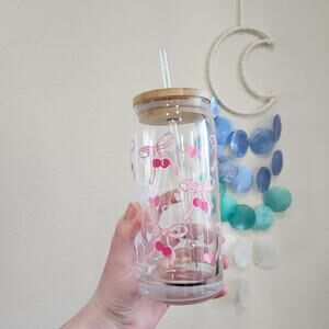 Coquette Pink Cherries & Bows 20 oz Glass Tumbler Cup Ribbon Coffee Matcha Tea